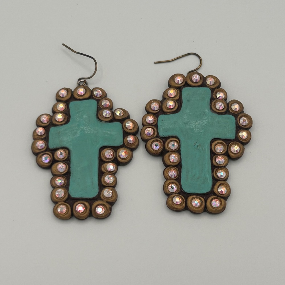 Sookie Sookie Cross Earrings Turquoise Western Glam Cowgirl Chic Rhinestone